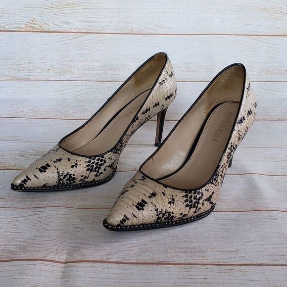 Coach Leather Animal Print Pointy Toe Studded Stiletto Heels Pump Size 7.5 - Picture 5 of 16